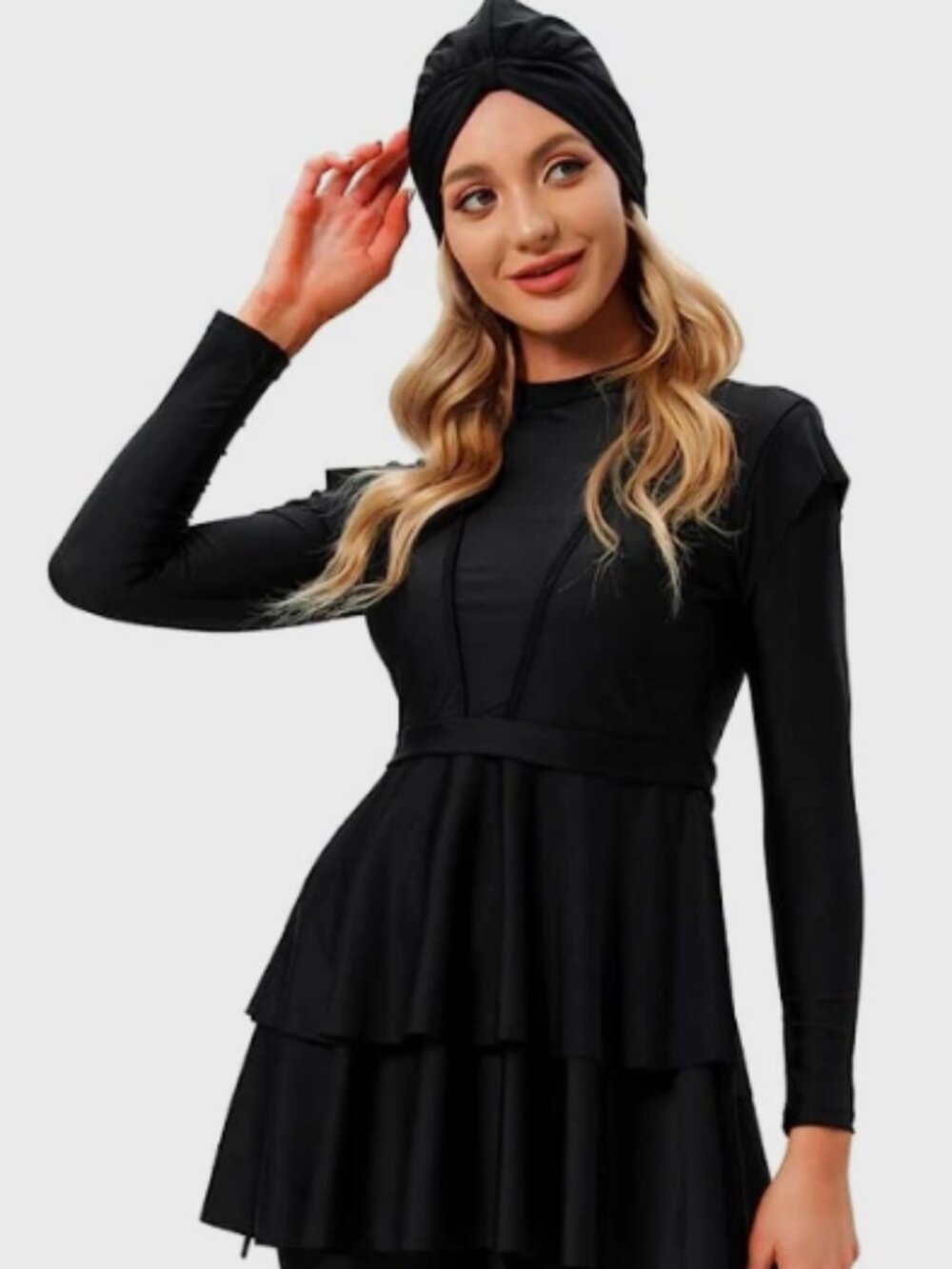 3 Piece Long Sleeve Black Size Large Rashguard Swimsuit with Hijab Built-In Bra - Picture 3 of 7